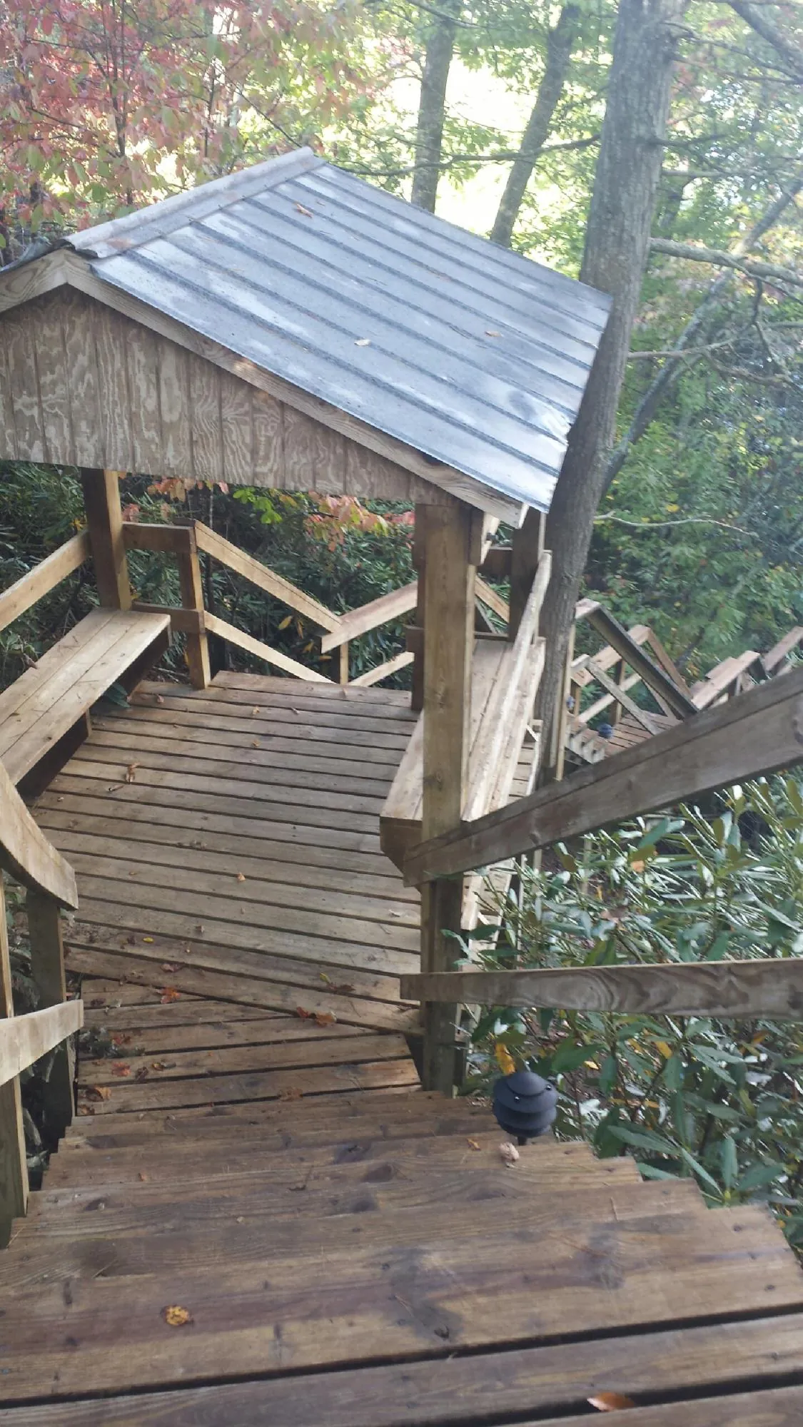 Metal roofed shelter over wooden steps on a wooded walkway — Skylight Repair & Installation work by our crew in Yakima